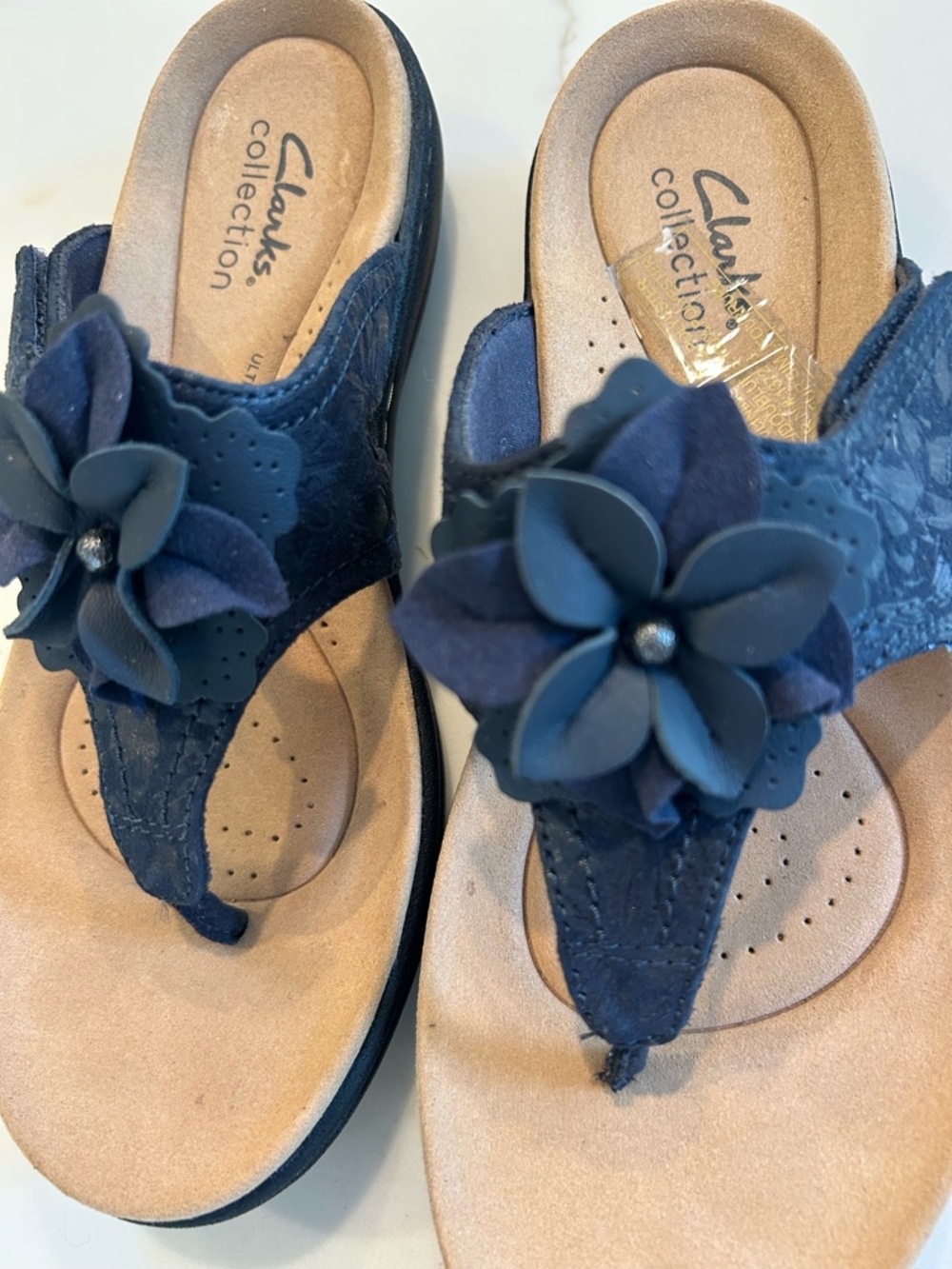 Clarks Navy Floral Thong Sandals with Flower Accent